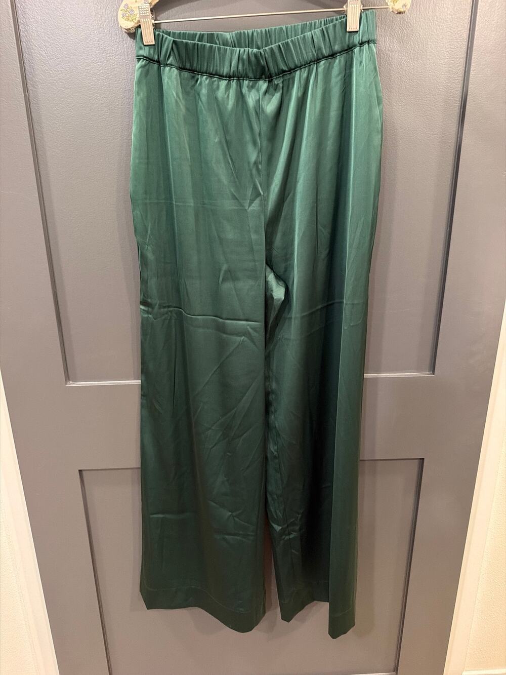 The Drop Women's Avalon Wide-Leg Satin Pants in the shade Dark Ivy